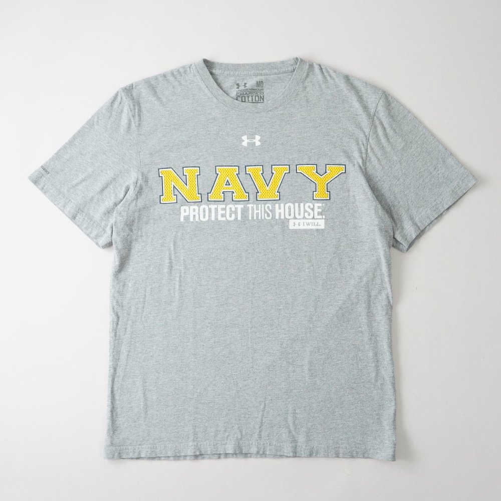 Under Armour Charged Cotton Navy Protect Graphic TShirt Heatgear Gray Men Size M